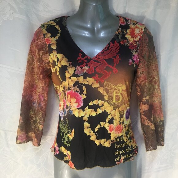 Women's Sz S Shirt Top 90s Lace Crop Reversible Floral Black Bohemian Y2K Fairy - Picture 1 of 16
